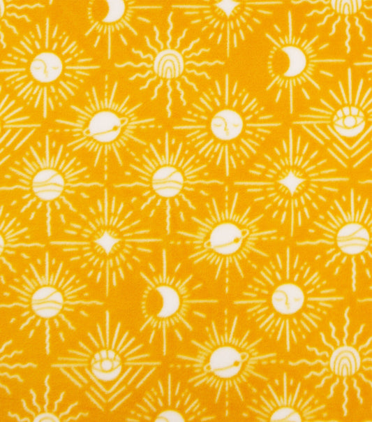 Moon Icons on Yellow Anti Pill Fleece Fabric